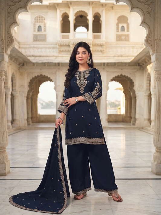 Navy Blue Embroidered Silk Blend Kurta Pant Set with Dupatta – Festive & Wedding Wear | Plus Size (3XL, 4XL, 5XL)