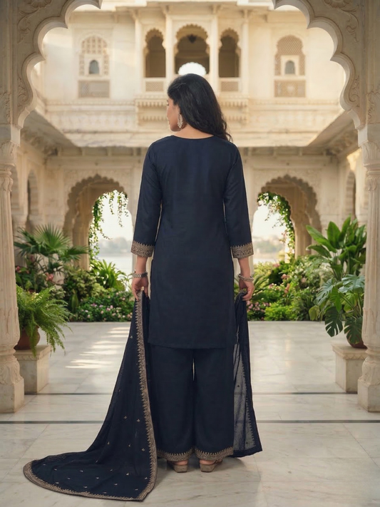Navy Blue Embroidered Silk Blend Kurta Pant Set with Dupatta – Festive & Wedding Wear | Plus Size (3XL, 4XL, 5XL)