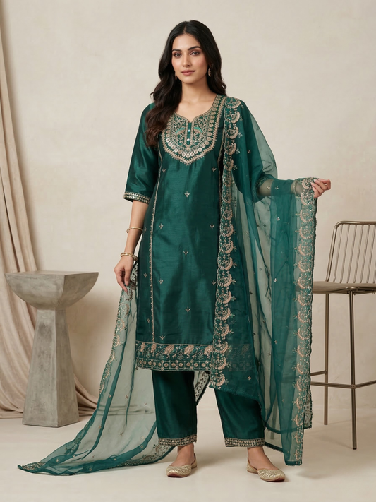Emerald Green Heavy Embroidered Silk Blend Kurta Pant Set with Sheer Dupatta – Festive & Wedding Wear | Plus Size (3XL, 4XL, 5XL)