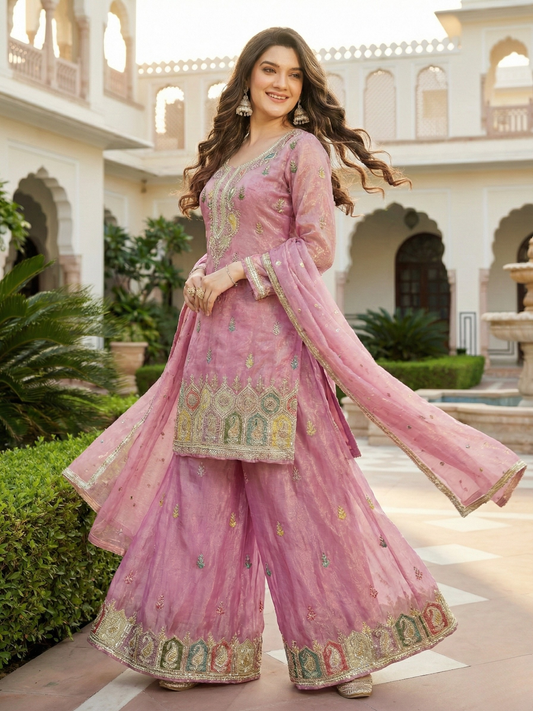 Jaipuri Blush Pink Embroidered Kurta Palazzo Set with Dupatta | Marriage and festive wear