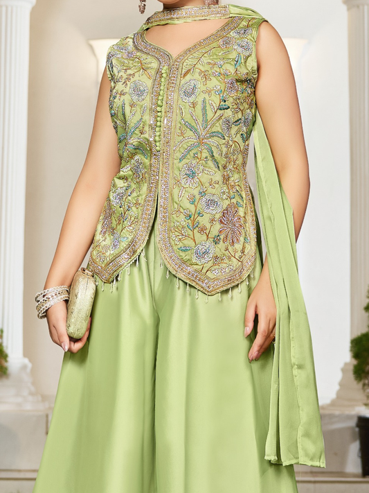 Women’s Pistachio Green Embroidered Indo-Western Palazzo Set with Dupatta