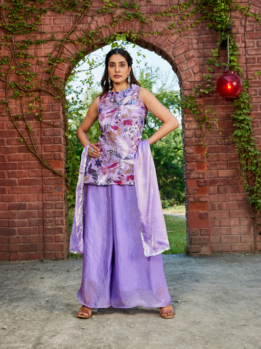 Lavender Tissue Co-Ord Set for Women | Sleeveless Kurti, Palazzo & Dupatta with Floral Work | Festive & Party Wear