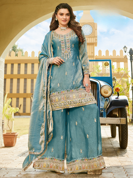 Women’s Teal Blue Embroidered Kurta Palazzo Set with Dupatta | Festive & Occasion Wear
