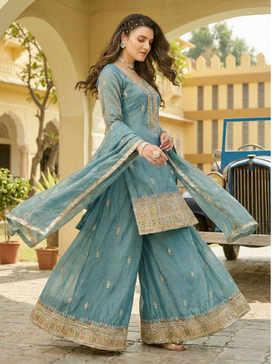 Women’s Teal Blue Embroidered Kurta Palazzo Set with Dupatta | Festive & Occasion Wear