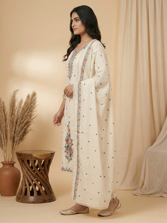 Ivory Pastel Embroidered Pure Cotton Kurta Pant Set with Dupatta | Summer Collection | Sizes M to XXL