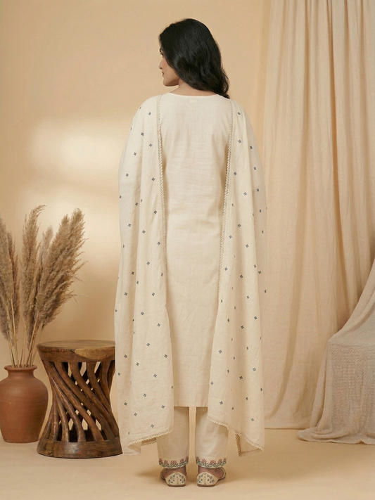 Ivory Pastel Embroidered Pure Cotton Kurta Pant Set with Dupatta | Summer Collection | Sizes M to XXL