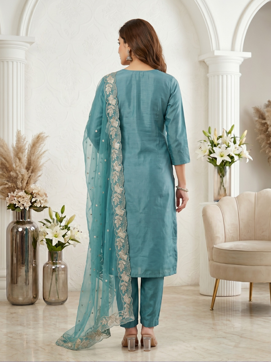 Elegant Teal Blue Embroidered Kurta Pant Dupatta Set for Women (M to XXL)