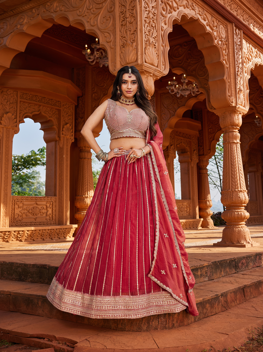 Wine Maroon Tissue Lehenga Set for Women | 3-Piece Lehenga, Blouse & Dupatta with Traditional Work | Wedding & Festive Wear