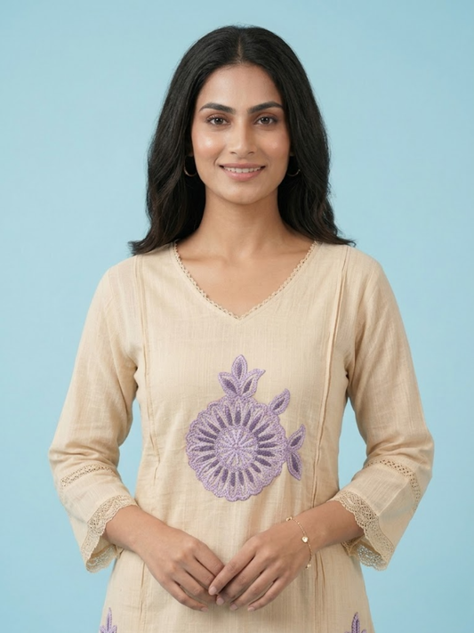 Beige Floral Embroidered Cotton Blend Kurta Pant Set – Elegant Daily & Festive Wear | Sizes M to XXL | Summer Special