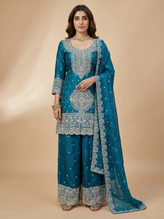 Teal Blue Embroidered Tissue Suit Set for Women | 3-Piece Kurta, Palazzo & Dupatta | Festive Wear