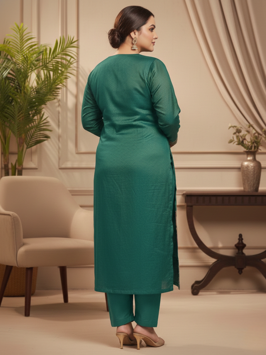 Emerald Green Embroidered Silk Blend Kurta Pant Set with Dupatta – Plus Size (3XL, 4XL, 5XL)