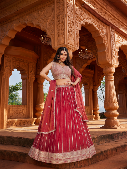 Wine Maroon Tissue Lehenga Set for Women | 3-Piece Lehenga, Blouse & Dupatta with Traditional Work | Wedding & Festive Wear