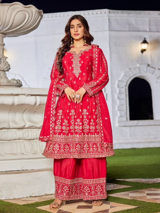 Crimson Red Tissue Suit Set for Women | 3-Piece Kurta, Palazzo & Dupatta with Traditional Work | Festive & Wedding Wear