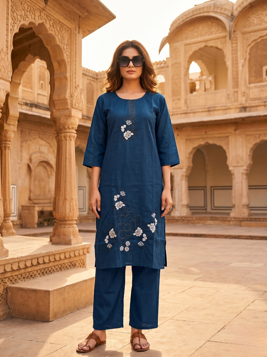 Navy Blue Embroidered Straight Kurta Pant Set for Women (M to XXL) | Summer Collection