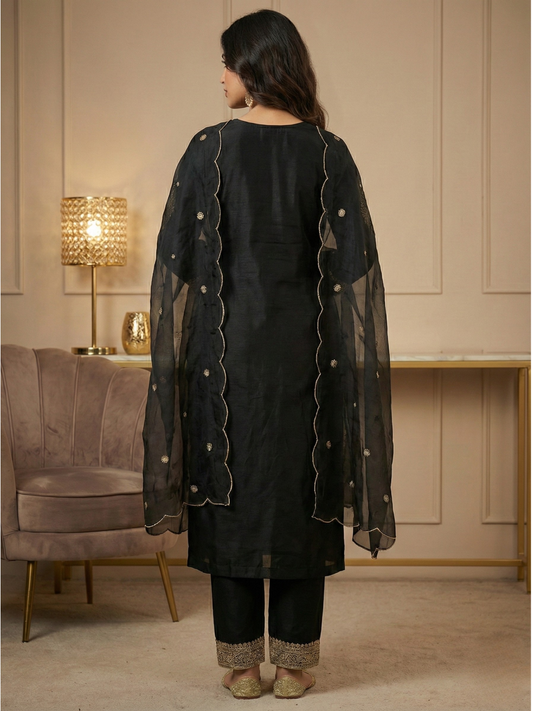 Women’s Midnight Black Embroidered Silk Blend Kurta Pant Set with Dupatta | Plus Size Festive Ethnic Wear (3XL, 4XL, 5XL)