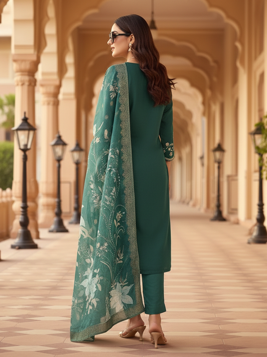 Deep Bottle Green Embroidered Kurta Pant Set with Printed Dupatta - Available in Plus Sizes by 3 Angel Fab LLP