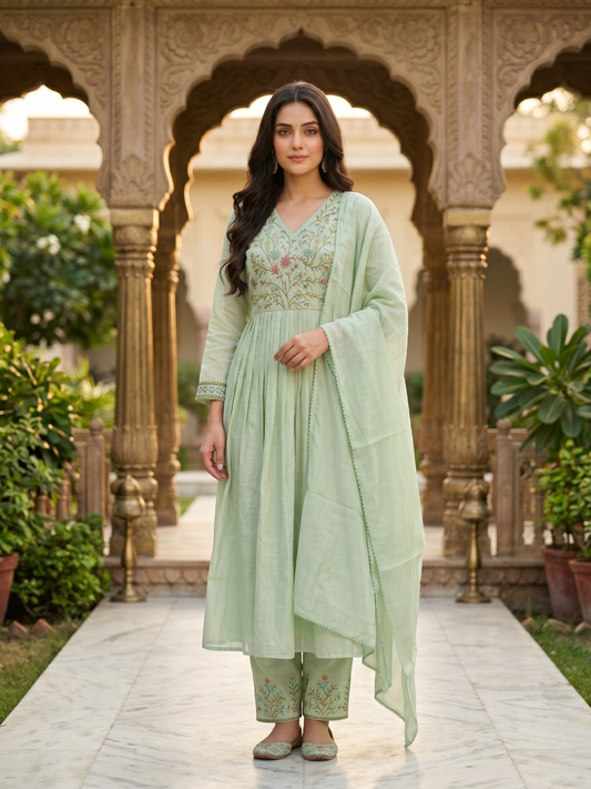 Mint Green Embroidered Anarkali Kurta Pant Set with Dupatta for Women (M to XXL)