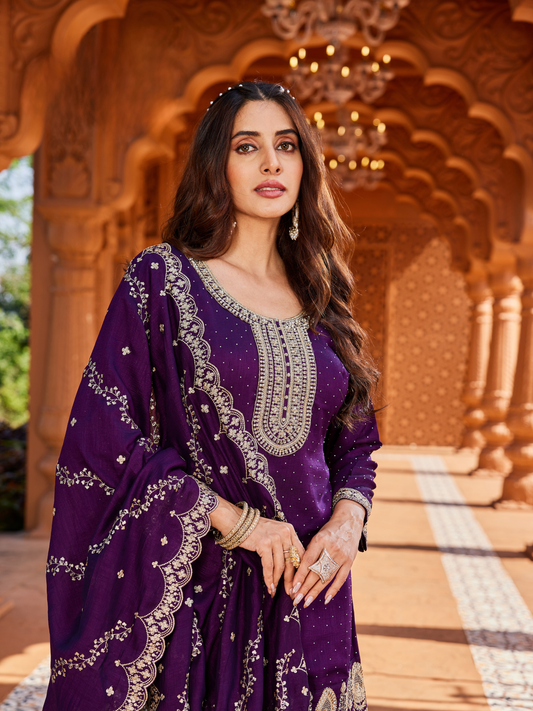 Purple Ethnic Set with Border Work | Straight Kurta, Dupatta and Palazzo | Festive Wear