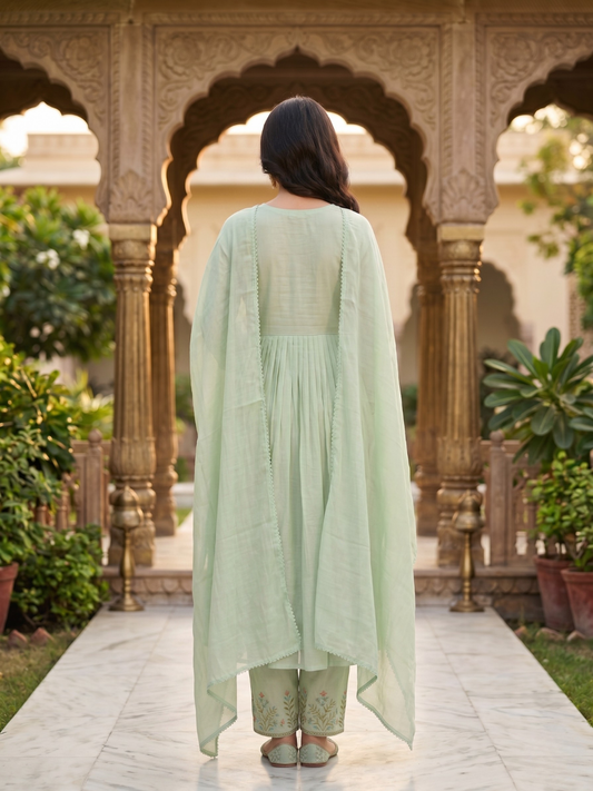 Mint Green Embroidered Anarkali Kurta Pant Set with Dupatta for Women (M to XXL)