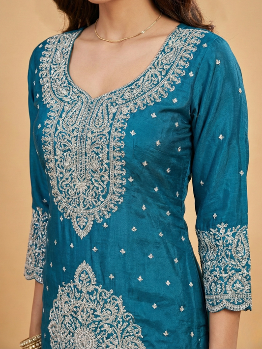 Teal Blue Embroidered Tissue Suit Set for Women | 3-Piece Kurta, Palazzo & Dupatta | Festive Wear