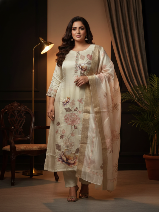 Cream Floral Printed Silk Blend Kurta Pant Set with Organza Dupatta – Plus Size Festive Ethnic Wear