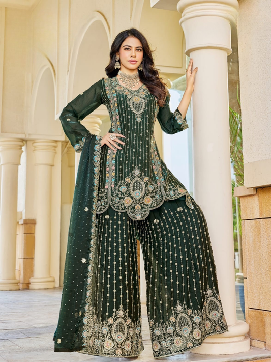Heavily Embroidered Green Palazzo Kurta Set with Intricate Work and Matching Dupatta | 3 Piece Ethnic Set