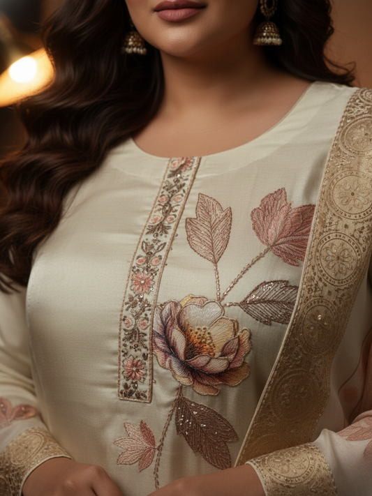 Cream Floral Printed Silk Blend Kurta Pant Set with Organza Dupatta – Plus Size Festive Ethnic Wear