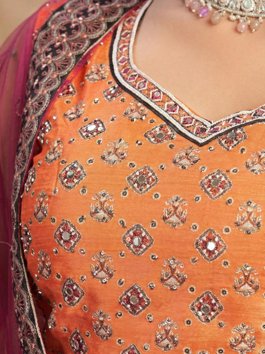 Printed Jaipuri Indo-Western Lehenga Set with Sleeveless Worked Blouse and Matching Dupatta