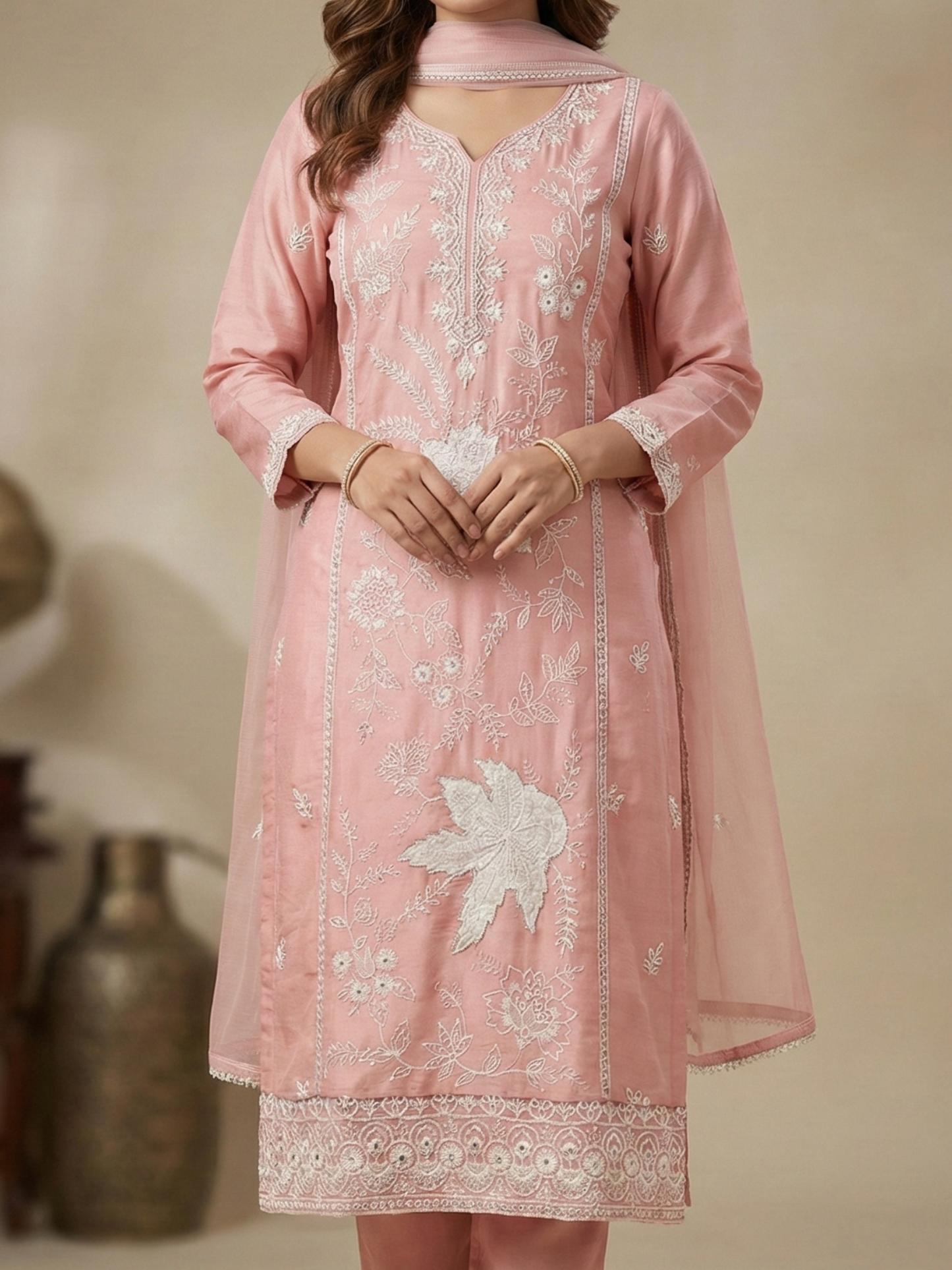 Blush Pink Kurta Pant Set with Sheer Dupatta - 3XL, 4XL, 5XL Plus Size