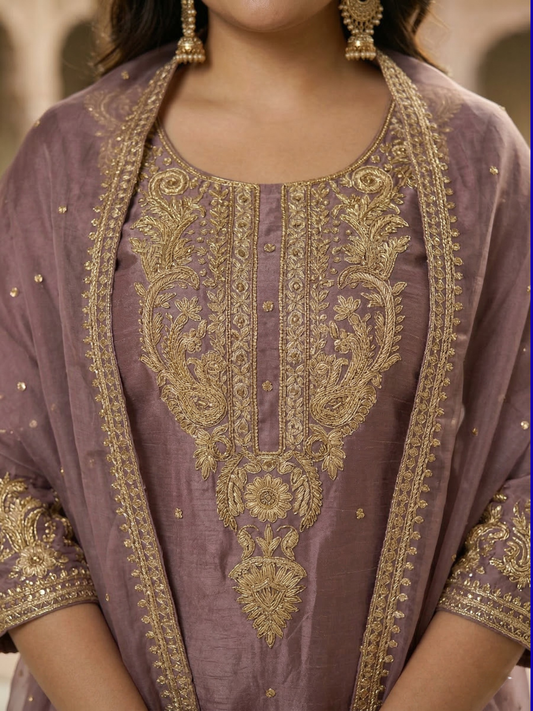 Mauve Pink Embroidered Silk Blend Kurta Pant Set with Sheer Dupatta – Festive & Wedding Wear | Plus Size (3XL, 4XL, 5XL)