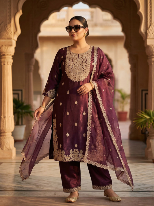 Wine Maroon Heavy Embroidered Silk Blend Kurta Pant Set with Sheer Dupatta – Wedding & Festive Wear | Plus Size (3XL, 4XL, 5XL)