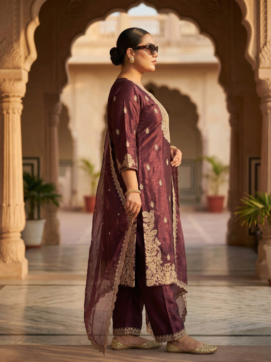 Wine Maroon Heavy Embroidered Silk Blend Kurta Pant Set with Sheer Dupatta – Wedding & Festive Wear | Plus Size (3XL, 4XL, 5XL)