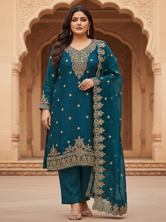 Rama Green Embroidered Silk Blend Kurta Pant Set with Ornate Dupatta – Festive & Occasion Wear