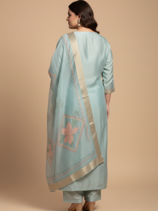 Women’s Plus Size Pastel Green Silk Blend Kurta Pant Set with Floral Work Dupatta