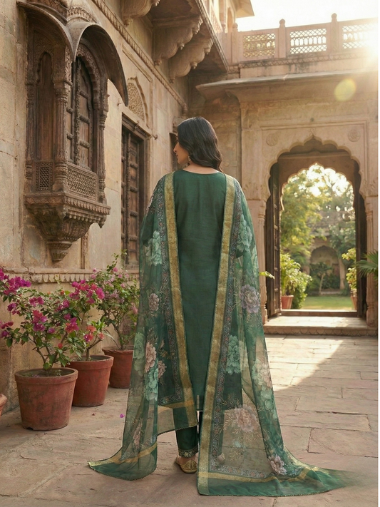 Women’s Emerald Green Kurta Pant Set with Floral Dupatta | Plus Size 3XL-5XL
