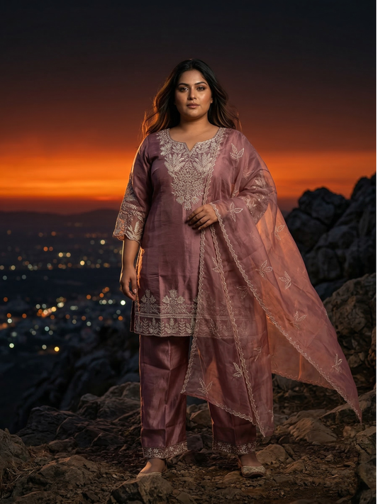 Mauve Wine Embroidered Silk Blend Kurta Pant Set with Sheer Dupatta – Evening Festive & Wedding Wear | Plus Size (3XL, 4XL, 5XL)