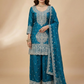 Teal Blue Embroidered Tissue Suit Set for Women | 3-Piece Kurta, Palazzo & Dupatta | Festive Wear