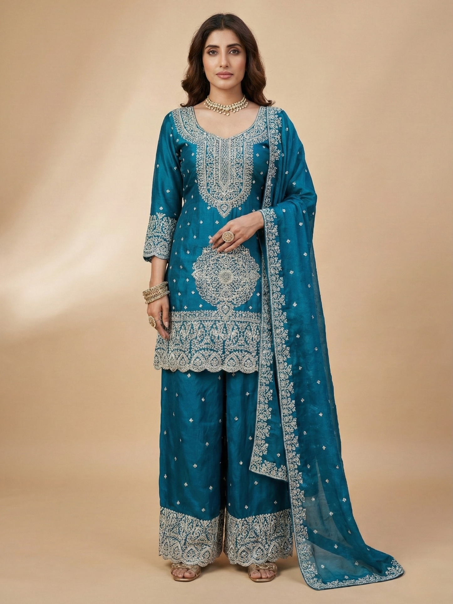 Teal Blue Embroidered Tissue Suit Set for Women | 3-Piece Kurta, Palazzo & Dupatta | Festive Wear