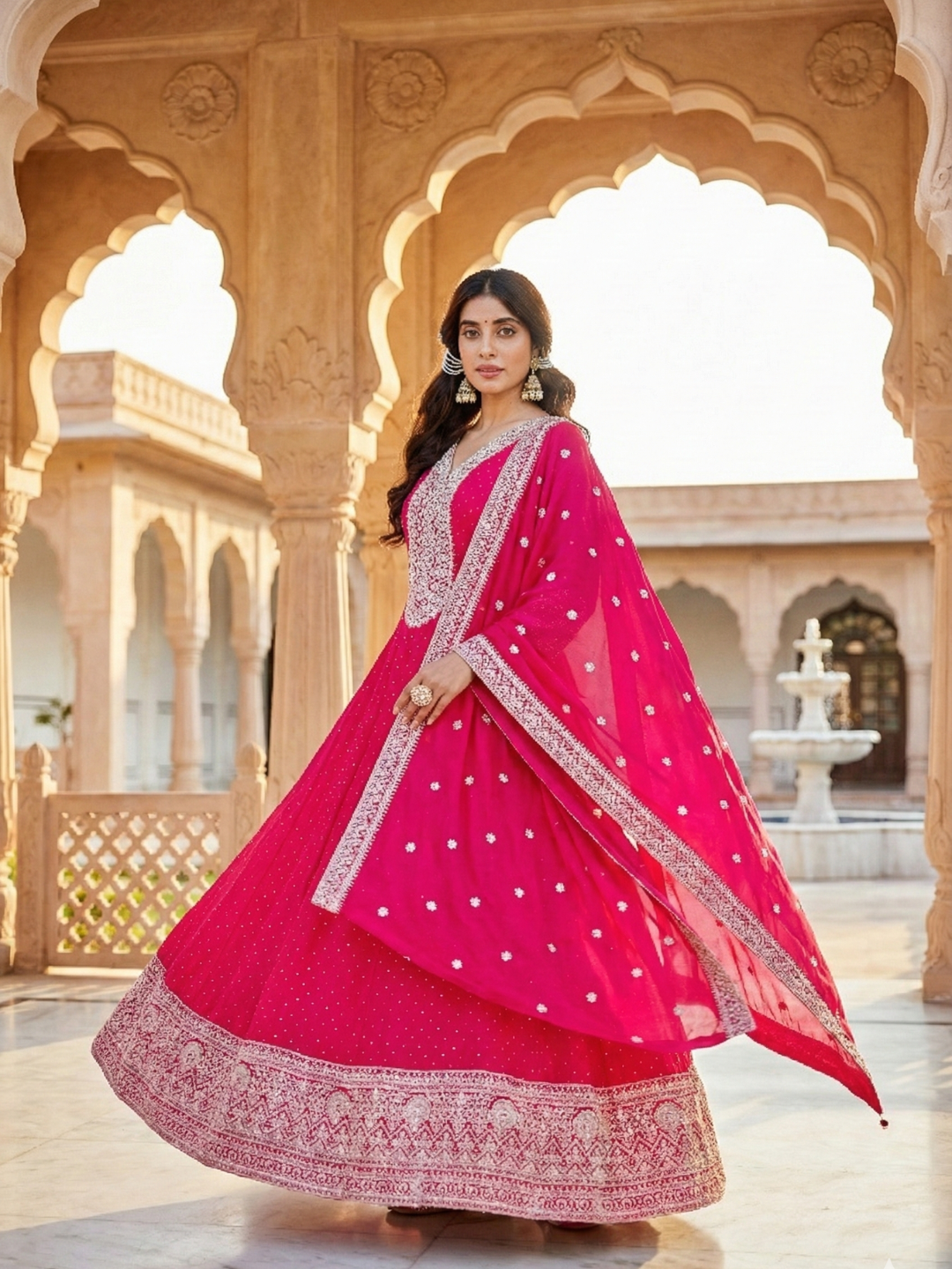 Rani Pink Tissue Suit Set for Women | 3-Piece Anarkali Kurta, Palazzo & Dupatta with Heavy Work | Festive & Wedding Wear