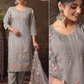 Women’s Grey Embroidered Kurta Pant Set with Net Dupatta | Plus Size 3XL-5XL