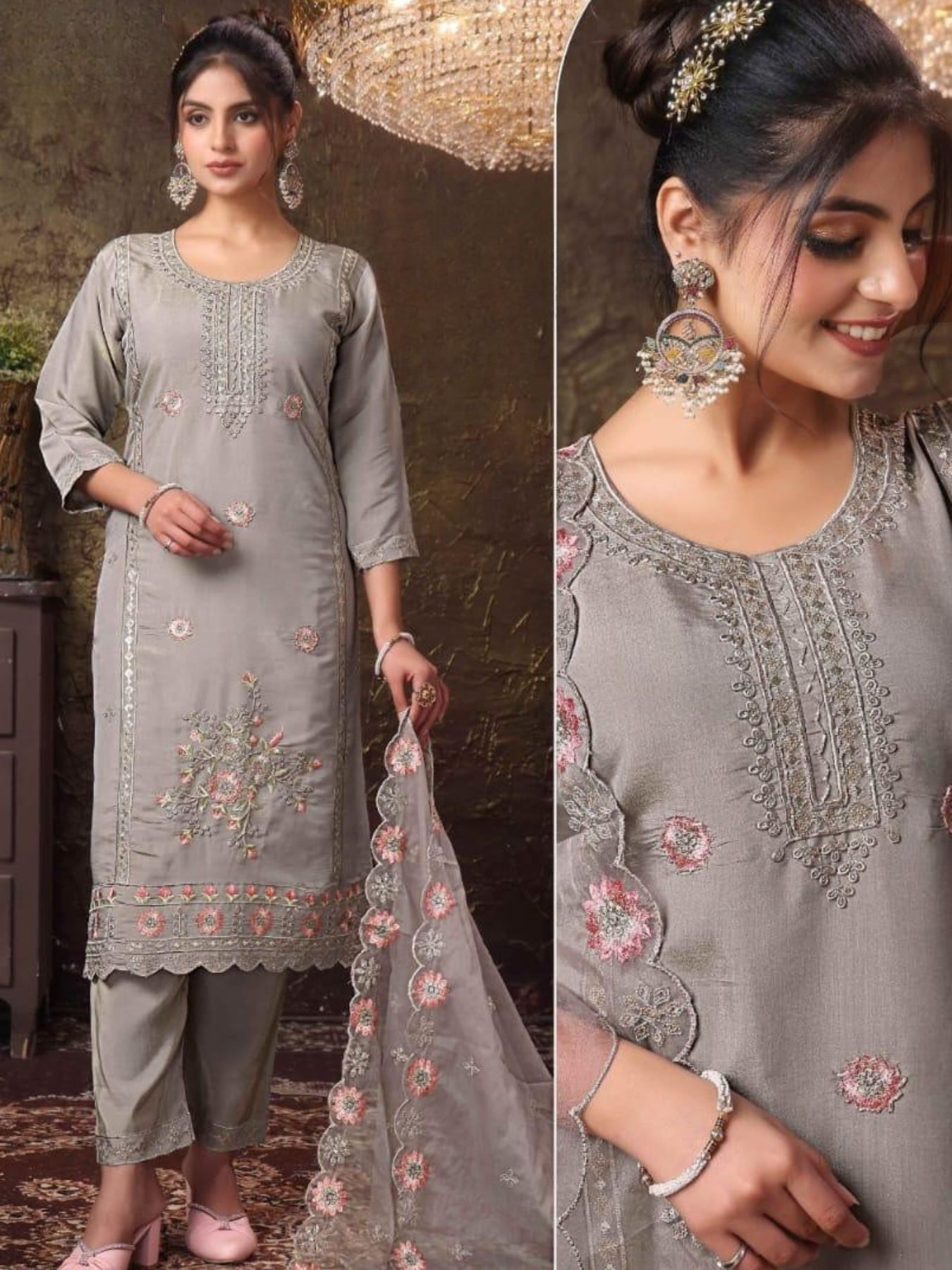 Women’s Grey Embroidered Kurta Pant Set with Net Dupatta | Plus Size 3XL-5XL