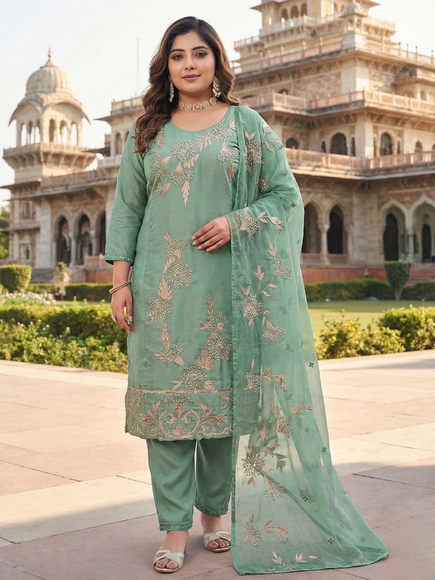 Women’s Mint Green Embroidered Kurta Pant Set with Dupatta | Plus Size 3XL-5XL
