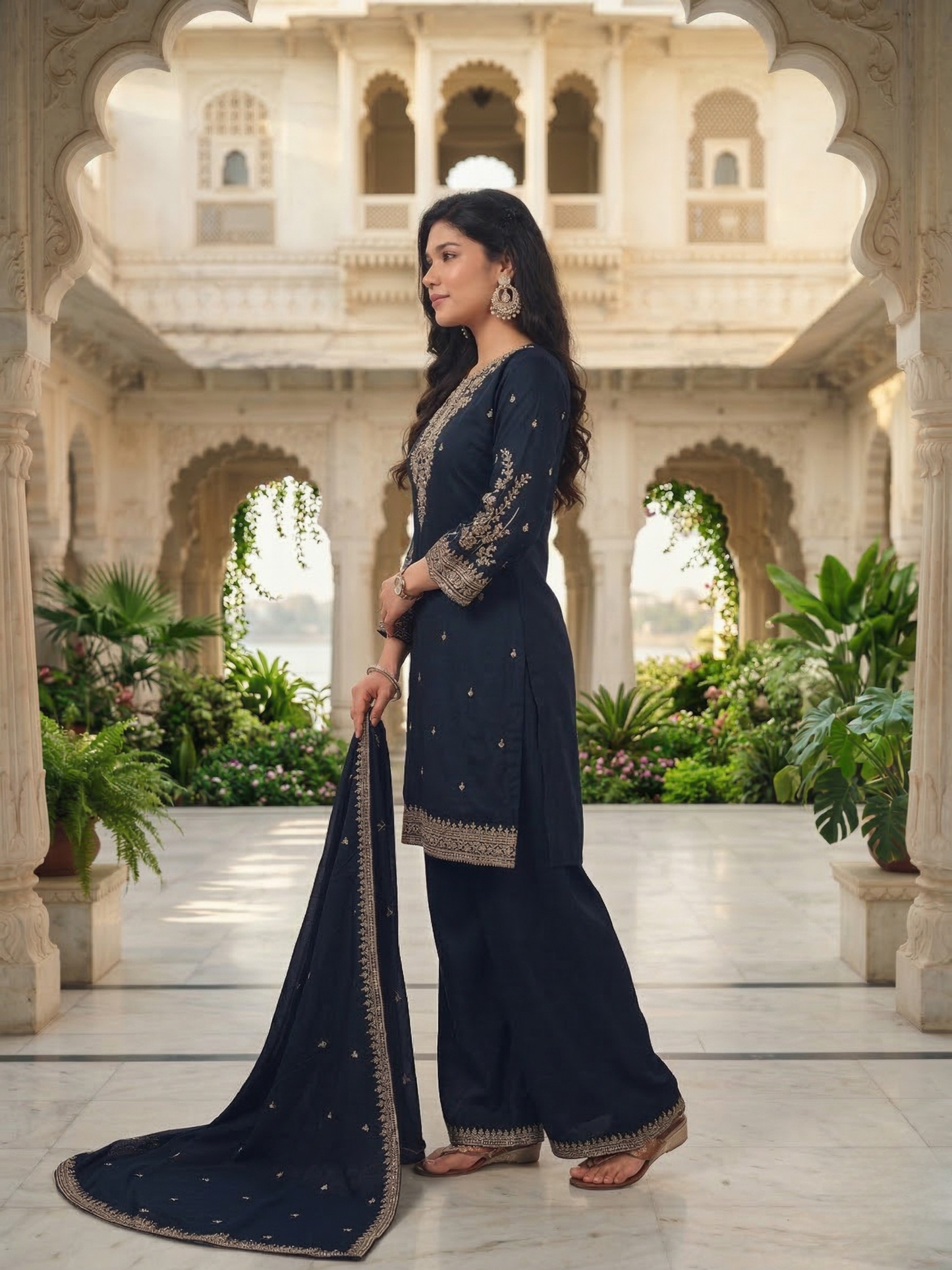 Navy Blue Embroidered Silk Blend Kurta Pant Set with Dupatta – Festive & Wedding Wear | Plus Size (3XL, 4XL, 5XL)