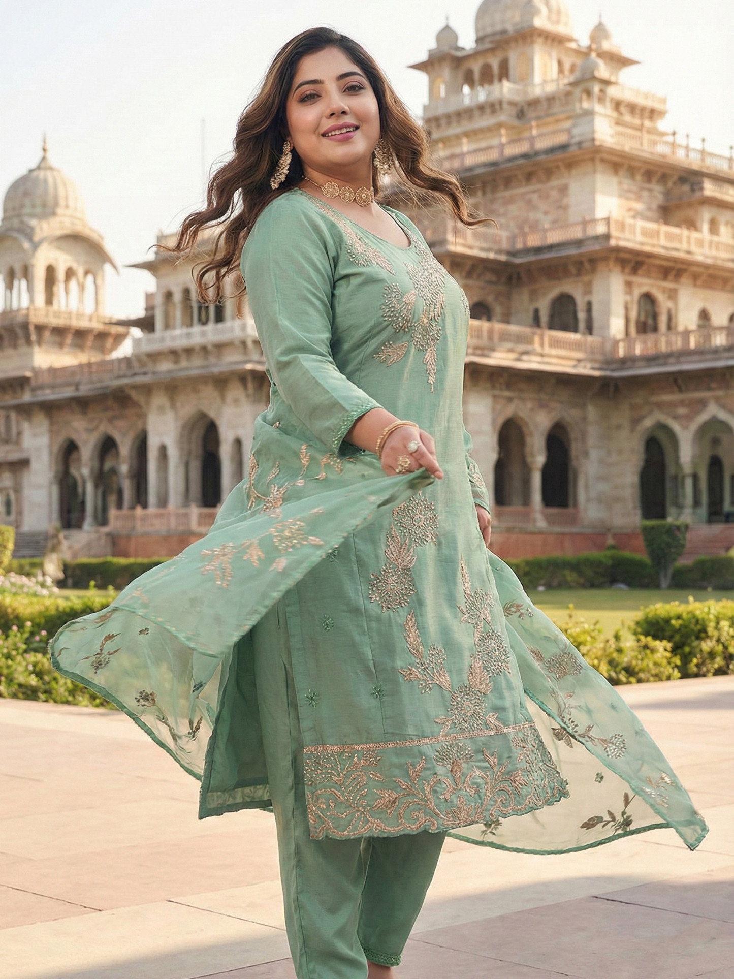 Women’s Mint Green Embroidered Kurta Pant Set with Dupatta | Plus Size 3XL-5XL