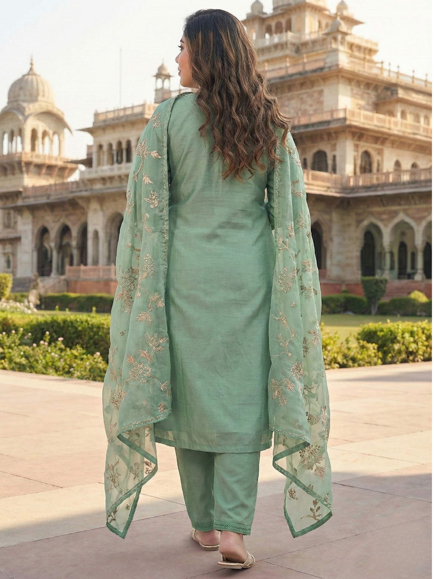 Women’s Mint Green Embroidered Kurta Pant Set with Dupatta | Plus Size 3XL-5XL