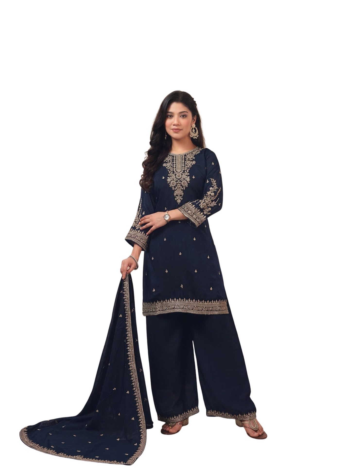Navy Blue Embroidered Silk Blend Kurta Pant Set with Dupatta – Festive & Wedding Wear | Plus Size (3XL, 4XL, 5XL)