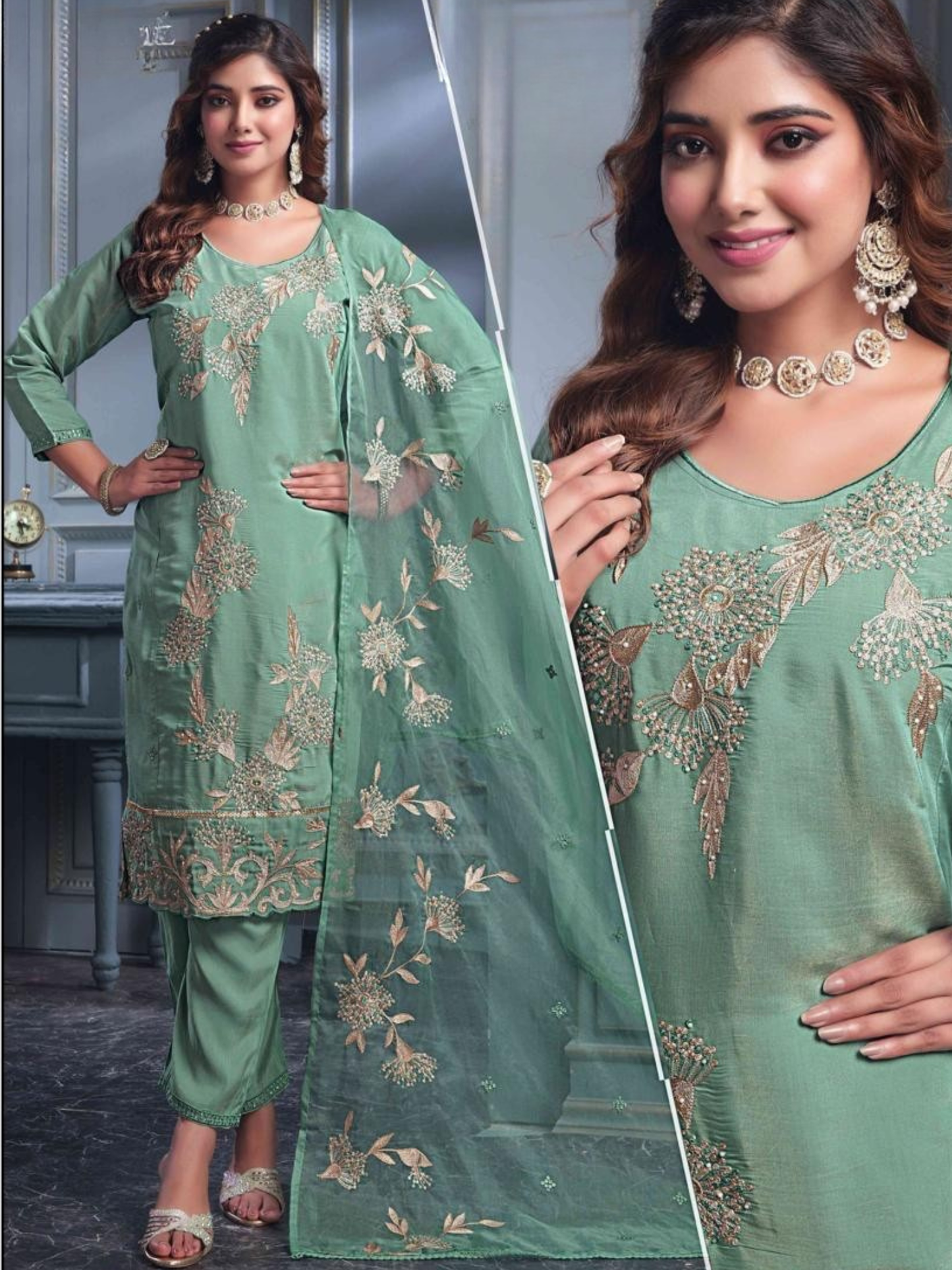 Women’s Mint Green Embroidered Kurta Pant Set with Dupatta | Plus Size 3XL-5XL