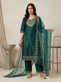Emerald Green Heavy Embroidered Silk Blend Kurta Pant Set with Sheer Dupatta – Festive & Wedding Wear | Plus Size (3XL, 4XL, 5XL)