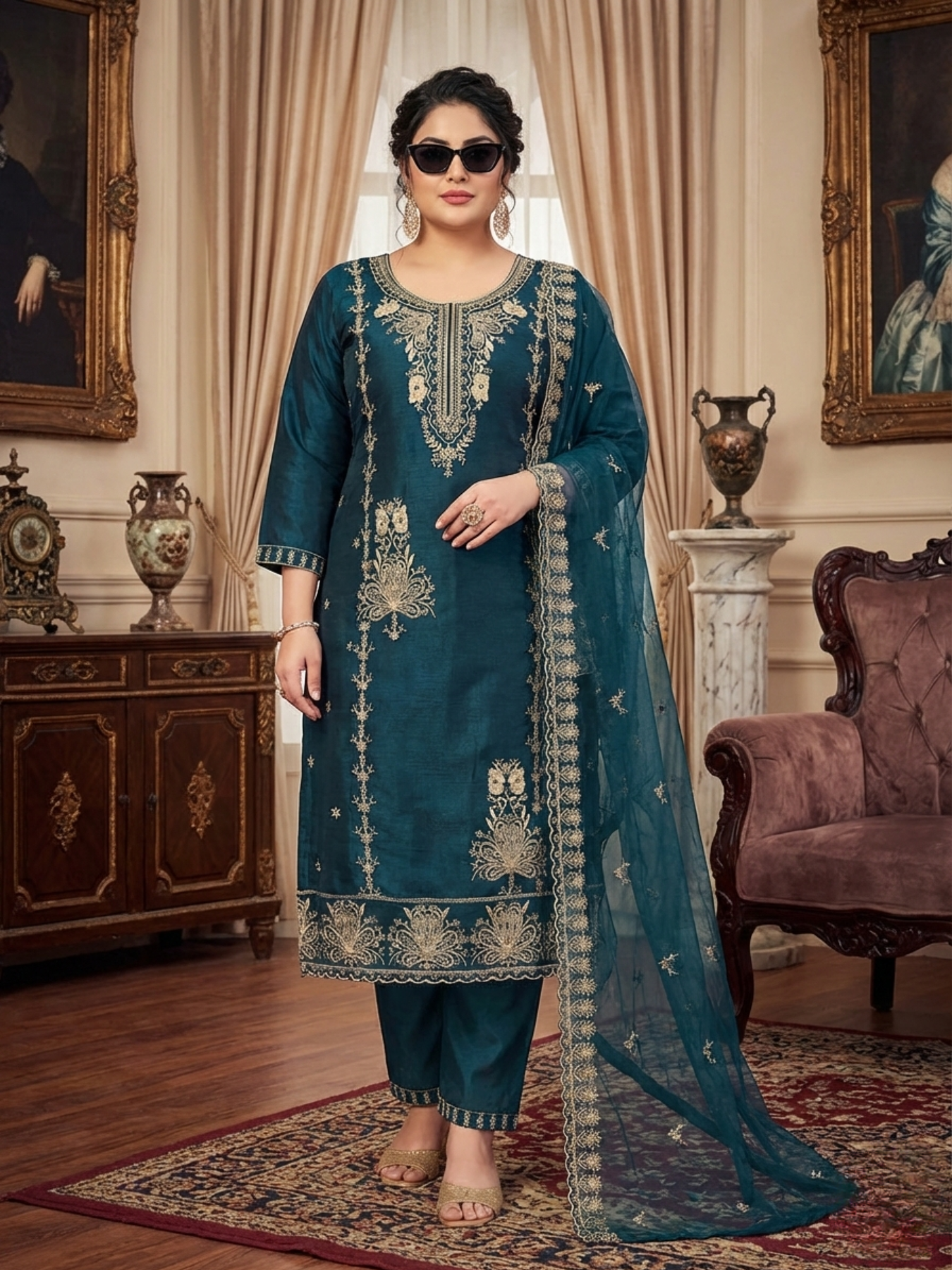 Women’s Deep Teal Embroidered Kurta Pant Set with Dupatta | Plus Size 3XL, 4XL, 5XL