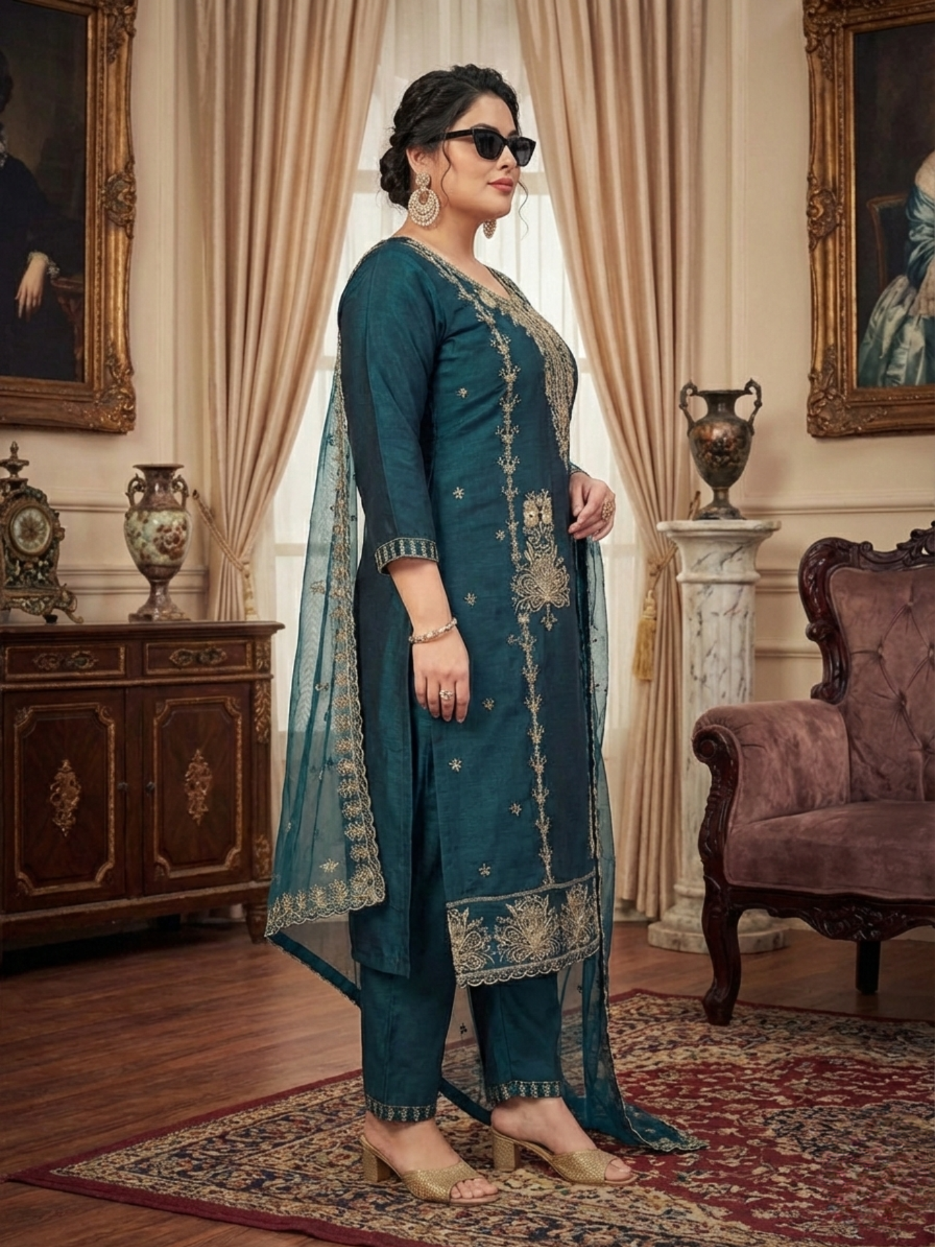 Women’s Deep Teal Embroidered Kurta Pant Set with Dupatta | Plus Size 3XL, 4XL, 5XL